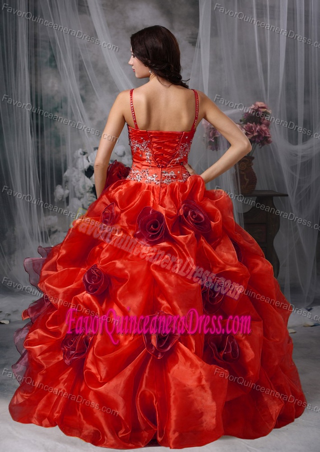 Elegant Red Ball Gown Straps Floor-length Organza Beaded Dresses for Quince